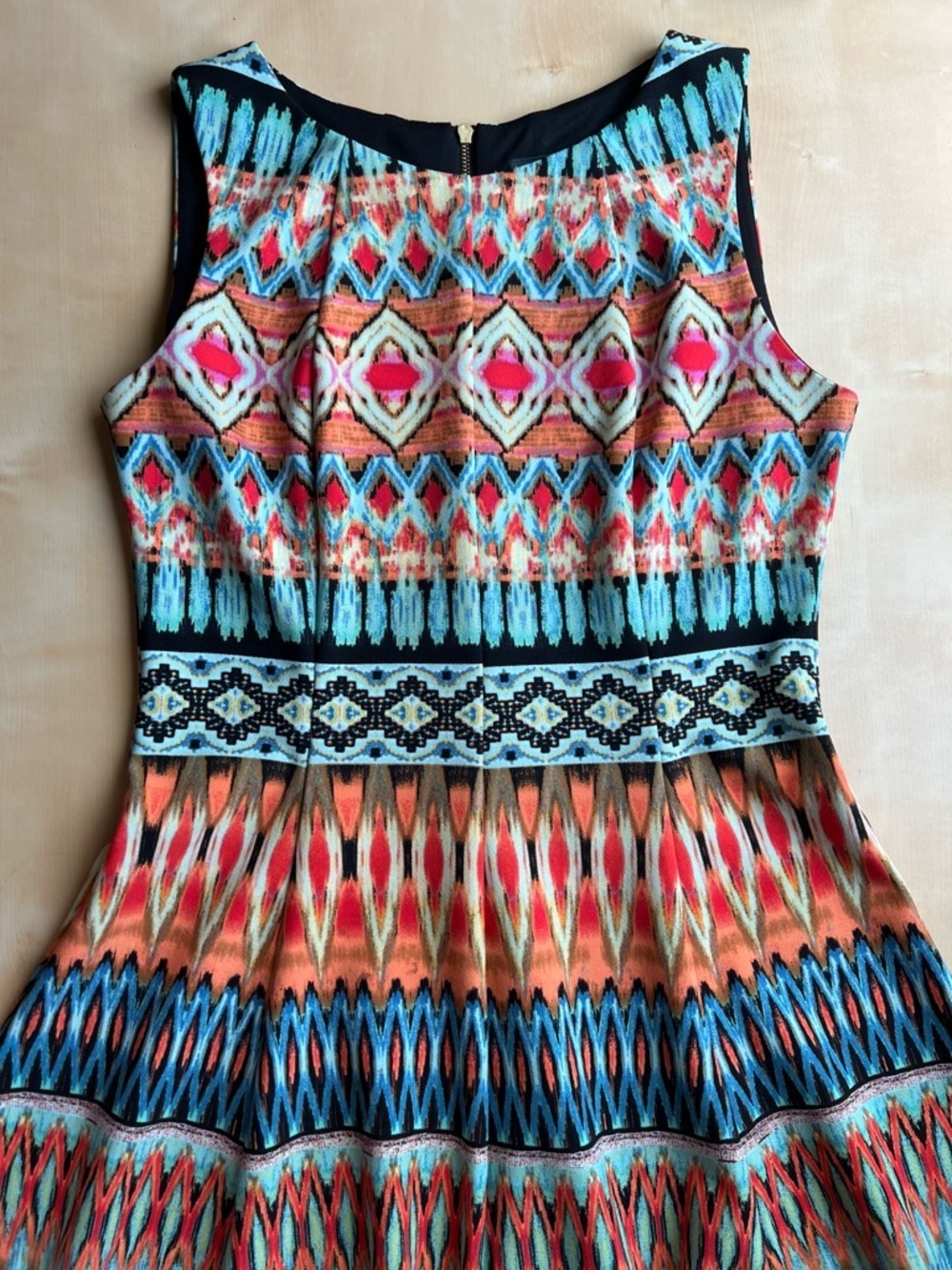 Gabby Skye Multicolor Boho Aztec Print Sleeveless Swing Dress - Turquoise, Coral - Picture 5 of 10